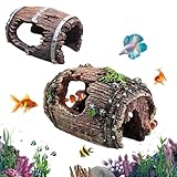 CUVZORA 2 Stück Aquarium Dekoration, Baumstamm Simulation Moos Aquarium Deko Harz, Zimmeraquarium Höhle Ornament Deko, Hohl Stamm für Reptilienversteck oder Betta Fisch Schwimmhabitat