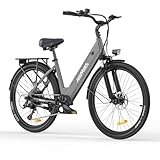 MileCity1 26' E-Bike für Erwachsene, 7 Gang Elektrofahrrad mit Austauschbarem 36V 13Ah Akku, 25 km/h und 80–100km Reichweite E-Bike für Städtische Pendler, IP65 Wasserdicht (MileCity1, Grau)