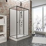 Schulte Fertigdusche Komplettdusche 120 x 90 cm Duschtempel Ibiza, 5 mm Sicherheits-Glas, Profile Mattschwarz, Duschsystem Mattschwarz, Rückwände weiß, Duschwanne weiß