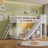 Ctastay Kinderbett Etagenbett 90x200 cm, Bett Holzbett Spielbett mit Rutsche & Stauraum Schrank, Hochbett Familienbett mit Leiter & Lattenrost, Weiß (Ohne Matratze)