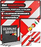 GEARLINE® 3-in-1 Warntafel für Italien, Spanien & Portugal [inkl. 4X Spanngurte & Schutzhülle] - reflektierendes Warnschild für Heckträger - rot-weißes Alu-Schild für Fahrradträger [50x50 cm]