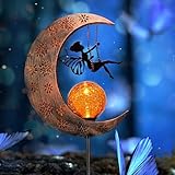 TERESA'S COLLECTIONS Solarlampen für Außen, Gartendeko für draußen, Groß Metall Mond Solar LED Glaskugel wasserdichte Wegeleuchte mit Fee Solarlampe,100CM