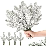 ROLLWAY 40 Stück Künstliche Tannenzweige mit Schnee, Weiße Kunst Tannenzweige Wie Echt, Unechte Plastik Tannenzweige Deko Tannengrün Zweige Weihnachten für Adventskranz Weihnachtsdeko und zum Basteln