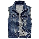 Momooda Herren Zerrissene Jeans Weste aus Baumwolle, Lässige Denim Weste, Ärmellos Jacke, Motorrad Weste für Männer, Blau, XL