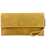 modamoda de T151 Damen Wildleder Rauleder Clutch Umhängetasche Abendtasche handmade in Italy, Farbe:Senfgelb