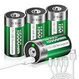 Palogreen USB D Akku Lithium/15000mWh - 4 Stück 1,5V USB D Zellen Batterien Wiederaufladbar Akkus Schnellladung in 4 Stunden Mit Typ C Ladekabel