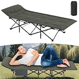 Suusolny Campingbett Klappbar mit Eingebaute Matratze und Kopfkissen Feldbett bis 200 KG Einteiliges Klappbett Ergonomischem Design mit Tragetasche, Seitentasche Faltbar Gästebett Grau Campingliege