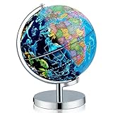 HOMASIS Globus mit LED 23,5 cm, drehbarer Leuchtglobus mit Sternkarte & Englische Geografische Karte, Weltkugel mit Metallsockel, Erdkugel für Kinder in Zuhause, Schulen & Büro