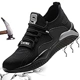 Mitudidi Arbeitsschuhe Herren S3 Sicherheitsschuhe 44 Männer mit Stahlkappe Schutzschuhe Kevlar Leicht Sneaker Unisex Stylisch Sportlich Turnschuhe Atmungsaktiv Outdoor Schwarz Grau