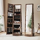 Dripex Schmuckschrank mit Spiegel, Standspiegel stehend, Schmuck Spiegelschrank mit Ganzkörperspiegel und Innenspiegel, Schmuck Organizer mit Ablagen 3 in 1, 360° drehbar, vintage braun