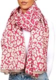 BRUBAKER Cashmirillo Damen Schal mit Leoparden Muster - 70 x 200 cm - Warm, Kuschelig und Oversized - Leo Damenschal für Herbst und Winter - Winterschal mit weichem Kaschmir-Gefühl - Pink und Weiß