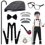 Amlisia Alter Mann Kostüm für Kinder, Kinder Alter Mann Kostüm Nerd Kostüm Set Gangster Opa Kostüm Set für Kinder für Karneval Fasching Mottoparty Cosplay
