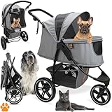 My Duque Cooper - Hundewagen & Haustier Buggy bis 32 kg mit Ablagekorb für Einkäufe, einfach faltbar, 3-Fach höhenverstellbar, Soft Touch Griffe, reflektierend und im modernes Design - Grau