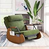 AVAWING Schaukelstuhl mit Klappbarer Rückenlehne,Schaukelsessel mit Kordober Holz und PU,Rocking Chair Schwingsessel für Wohnzimmer,Schlafzimmer,Beige-grün