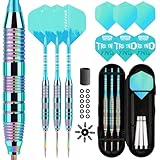Dartpfeile mit Metallspitze 22 Gramm(Der ganze Pfeil), Profi Steeldarts mit Metallspitze Steeldarts Set Steel Darts Pfeile Set Stahl Spitze Darts Set 3 Aluminium Schaft + Extra Dart-Flüge (Green-Blue)