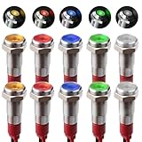 10 Stück AC/DC 12 – 24 V 6 mm LED-Anzeige aus Metall, Universal, 2 von jeder Farbe rot/grün/gelb/weiß/blau, LED-Anzeige für Motorräder, Lieferwagen, Boote, Autos