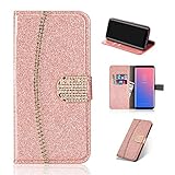 Artfeel Leder Brieftasche Hülle für Samsung Galaxy S9, Glitzer Kristall Strass Flip Handyhülle mit Kartenhalter,Bling Diamant Magnetverschluss Bookstyle Stand Hülle-Funkeln Roségold