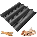 Firschoie Baguette Backblech, Baguette Backform für 4 Baguettes, Baguettepfanne aus Karbonstahl, Perforierte französische Brotpfanne mit Antihaftbeschichtung 38cm × 32cm (schwarz)