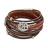 Flongo Damenarmband Frauen Armband Damen Lederarmband, Metall Leder Armband Armreif Geflochten Lederband Baum des Lebens Tree of Life Braun Surfer Wickelarmband
