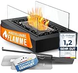 Der wärmende Tischkamin von flammtal mit 3h Brenndauer & Glassteinen [Das Original] - Tischfeuer für Indoor & Outdoor - Verstellbare Flamme - Bio Ethanol Kamin - Bioethanol Tischkamin Balkon Deko