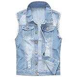 Icegrey Herren Jeans Weste aus Baumwolle, Lässige Zerrissene Denim Weste, Männer Motorrad Ärmellos Jacke Denim Vest, XL, Hellblau