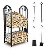 Ansobea 37x33x74cm Kaminholzständer Kaminholzregal 2 Ebenen Feuerholzregal mit 4 Kaminwerkzeug für Kamin & Ofen Brennholzregal Holzkörbe für Feuerholz Holzlager