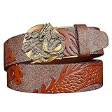 OBASDFD Ratschengürtel For Herren – Gravur Mit Goldenem Drachenmotiv, Automatische Runde Schnalle, Hüftgurt Aus Geprägtem Rindsleder(Brown,130cm/waist:45')