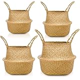 Qunclay 4 Stück gewebte Seegraskörbe, Bauchkorb, faltbar, Boho, natürlicher Pflanztopf mit Griffen, rund, dekorativer Weidengeflecht, großer Indoor-Pflanzgefäß für Zuhause, Outdoor, Baumpflanzgefäße