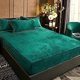 Warme Spannbettlaken 90x200 cm Dunkelgrün Winter Plüsch Boxspringbett Frottee Bettlaken 90x200cm Samt Grün Weich Spannbetttuch Uni Muster Set Leintuch für Hohe Matratze Steghöhe 25-30cm