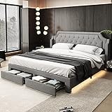 Qsddk Polsterbett Doppelbett 180x200 cm mit LED-Bettkasten, 180er Bett mit 2 Stauraum Schublade, Bettgestell mit Metallrahmen und Lattenrost aus Holz, Schlafzimmer Möbel, Leinen, Grau, Ohne Matratze