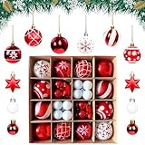 AWCIGG® 42 Stücke Weihnachtskugeln Kunststoff Set Rot Weiß Christbaumkugeln, Weihnachtsbaumschmuck mit Aufhänger Bruchsicher, Plastik Weihnachtskugeln Christbaumschmuck Weihnachtsdeko