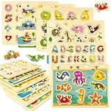 edutree Hölzerne Steckpuzzle für Kleinkinder 2-4, 6 Pack pädagogische Peg Puzzles Montessori Spielzeug, Lernen Puzzles für Kinder Mädchen Jungen 1-3 3-5 mit Alphabet Zahl Tier Fahrzeug Form
