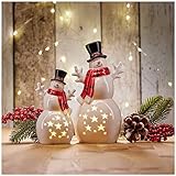 com-four® 2X LED Schneemann als dekorative Beleuchtung - Lichterstatue - Weihnachtsfigur aus Keramik - LED-Beleuchtung mit Timer-Funktion als Stimmungslicht (02 Stück - Keramik Schneemann - Timer)