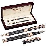 Mark Twain Schreibset in Holzetui mit Gravur | Drehkugelschreiber Füllfederhalter mit Wunschgravur | Carbonoptik | edlen hochwertigen Holzbox | Geschenk Geburtstag | Abschluss | Prüfung
