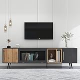 Jaxenor TV Schrank Fernsehschrank mit herunterklappbare Glastür, 200cm TV Tisch TV Bank TV Lowboard TV Kommode TV möbel TV Table TV Sideboard TV Cabinet TV Regal für das Wohnzimmer, Grau