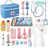 Teneytoyz Arztkoffer Kinder Holz, Doktorkoffer Kinder mit Echtem Stethoskop, Thermometer, Spritze, Arzttasche und Arztkittel, Geschenk für Kinder Rollenspiele Spielzeug ab 2 3 4 5 Jahren