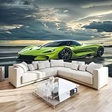 Grün 3D Fototapete Vlies Auto Grüner Sportwagen Moderne Wanddekoration 3D Effekt, Für Schlafzimmer Wohnzimmer Büro & Flur, Premium Kunstdruck Wandtapete Tv-Hintergrund B200 X H140 Cm