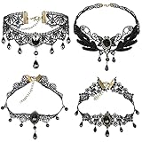 Glecxuy 4 Stück Gotik Spitze Halskette Schwarz Choker Damen, Vintage Gotisch Collier mit Anhänger, Victorian Schmuck Choker für Halloween Karneval Fasching Pfingsten Maskerade