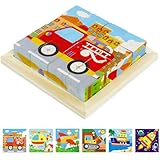 Bilderwürfel Holz,6 in 1 Kinderspielzeug Holzpuzzle Montessori Spielzeug 3D Würfelpuzzle Puzzlespiele für Kinder,Pädagogisches Lernspielzeug Geschenk für Jungen und Mädchen, Verkehr