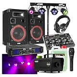 MAX DJ Komplettanlage mit 700W Verstärker, 2 Lautsprechern, Bluetooth Mixer, Lichtanlage & Nebelmaschine – DJ Set für Einsteiger, Partys & Events, Plug & Play