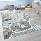 Paco Home Kinder-Teppich Mit Straßen-Motiv, Spiel-Teppich Für Kinderzimmer, In Grün Grau, Grösse:Ø 120 cm Rund