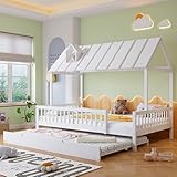 FEZTOY Kinderbett 120x200 mit Ausziehbett, Rausfallschutz, Lattenrost, Hausbett Dach mit Kaminleiste, Kinderbett, Jugendbett für Jungen & Mädchen, Ohne Matratze