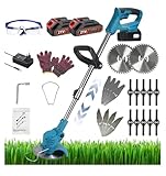 Wrneaoch 3-in-1 Rasentrimmer, kabellos, mit Akku, 21 V, elektrisch, kabellos, mit 2 Stück 2 Ah Lithium-Akku und 4 Klingentypen, leicht für Garten, Rasen und landwirtschaftliche Flächen