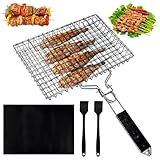 NAROSEBE BBQ Grillkorb Fischbräter, Fisch Grillkorb Edelstahl Grillschale, Fisch Grillhalter, Körbe zum Grillen, Fisch Grillen Gitter mit Griff, Bürste und Matte für Fisch, Steak, Garnelen (32x22cm)