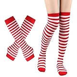 Vbxvsa Gestreifte Kniestrümpfe Handschuhe Set Thigh Highs Damen Ringelsocken Fingerlose Armstulpen Overknee Strümpfe Lange Strickhandschuhe für Cosplay Karneval Fasching Party (Rot Weiß Gestreiftes)