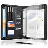 Leathario A4 Konferenzmappe, Schreibmappe mit Ringbuch，Reißverschluss,Ringbuchmappe Portfolio, Dokumentenmappe Aktenmappe Mappe Schreibblock Schwarz