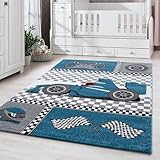 Carpetsale24 Kinderteppich Modern Rennwagen Blau 120 x 170 cm - Kurzflor Teppich Kinderzimmer Waschbarer Babyteppich Spielteppich für Junge und Mädchen Extra Weich und Antiallergen Rechteckig