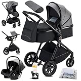 KAVELLIN Kinderwagen 3 in 1 komplettset, Zusammenklappbar Kinderwagen, kombikinderwagen Reisesysteme mit Babyschale 3 in 1 Kinderwagenset for 0-36 Monate, Grau
