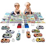TOYABI 21 Matchbox Auto Set, 10PCS Metall Klein Auto Spielzeuge, Spielzeug Autos mit Streichholzstarter/Stadtmatte/Aufbewahrungstasche für 3 4 5 Jahre alte Jungen Mädchen