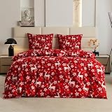 FEBE Bettwäsche Rentiere und Sterne Bettbezug-Set 135x200 + Kissenbezug 2 Teilig mit Reißveschluss